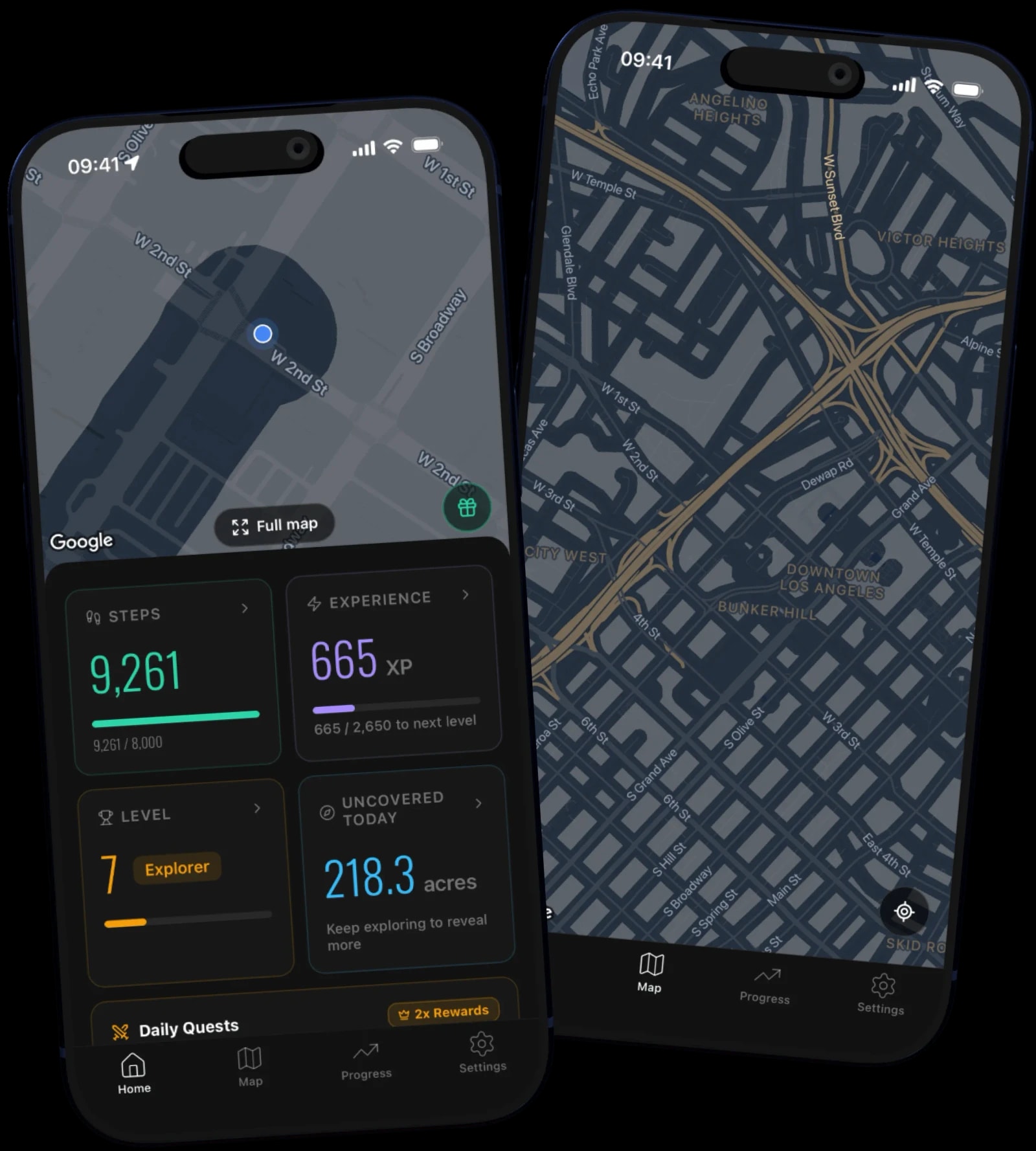 Fogbreaker app showing your fog-covered exploration map alongside daily step, XP and level stats